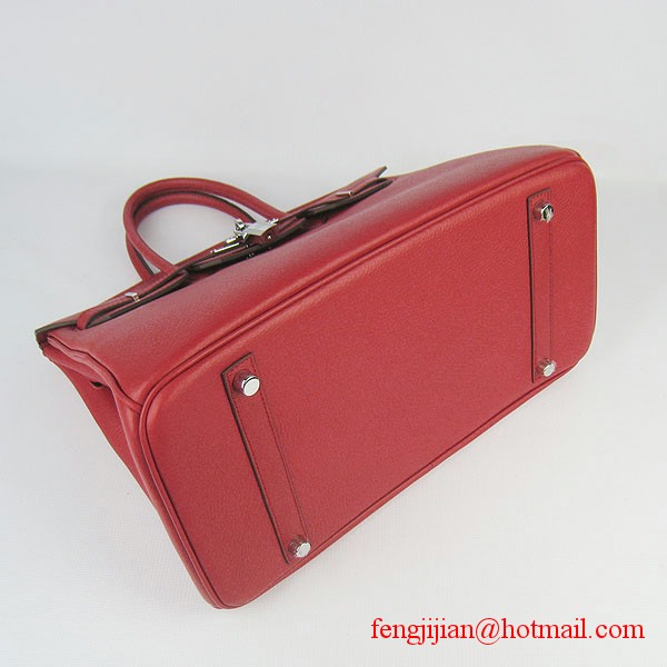 Hermes 35cm Embossed Veins Leather Bag Red 6089 Silver Hardware